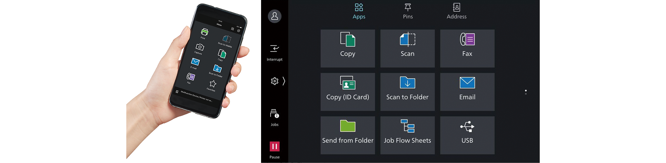 Smartphone becomes a portable operation panel; Copy Fax Print Scan from mobile device feature